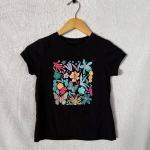 Kids Black Tee with Colorful Floral and Butterfly Design